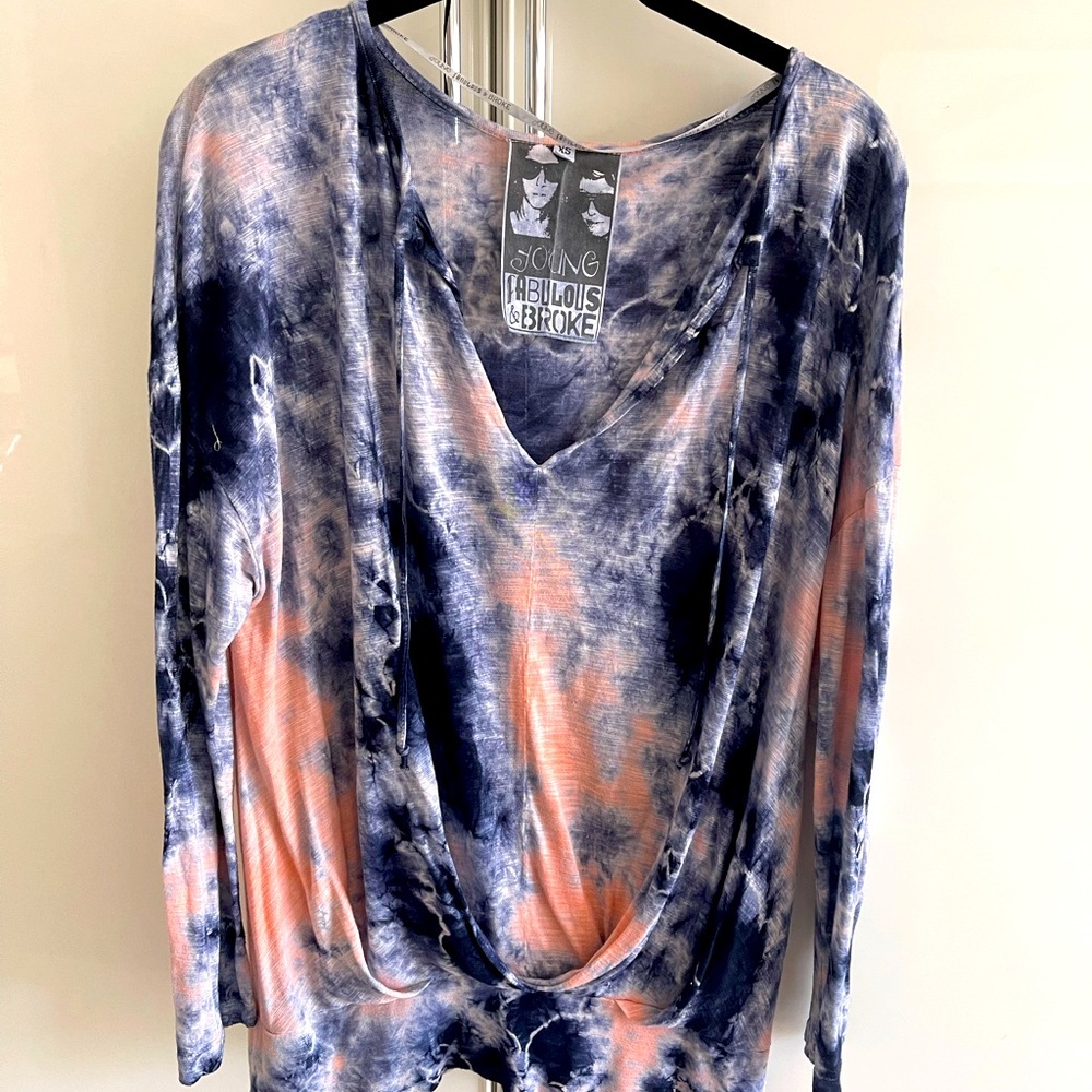 Young Fabulous & Broke Navy and Peach Tie-Dye V-Neck Long Sleeve Top